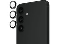 Un smartphone noir avec trois objectifs et trois cache-objectifs circulaires blancs sur le côté.