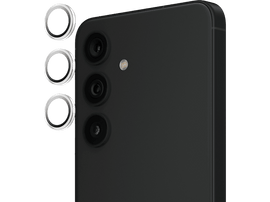 Téléphone noir avec trois anneaux de caméra. Fond noir.