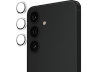 Téléphone noir avec trois anneaux de caméra. Fond noir.