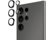 Dos de smartphone avec ensemble de caméras. Lentilles circulaires. Trois lentilles alignées verticalement, deux séparées.