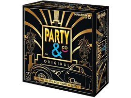 Boîte de jeu Party & Co. Fond noir avec design art déco doré et voiture. 30e anniversaire.