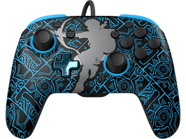 Manette de jeu à motifs noirs et bleus avec boutons et croix directionnelle.