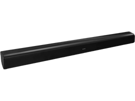 Barre de son noire, forme linéaire, avec la marque PEAQ visible. Fond sombre.