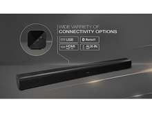 Charger l&#39;image dans la galerie, Une barre de son noire avec des options de connectivité : USB, Bluetooth, HDMI et port AUX-IN.
