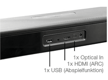 Charger l&#39;image dans la galerie, Panneau arrière d&#39;une barre de son, montrant les ports USB, HDMI et entrée optique, sur fond blanc.
