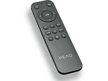 Charger l&#39;image dans la galerie, Télécommande gris foncé avec boutons d&#39;alimentation, lecture/pause et volume, et étiquetée &#39;PEAQ&#39;.
