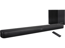 Charger l&#39;image dans la galerie, Un système de barre de son noir avec un caisson de basses et une télécommande. La barre de son affiche le mot &#39;LINE&#39;.
