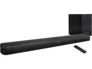 Un système de barre de son noir avec un caisson de basses et une télécommande. La barre de son affiche le mot 'LINE'.