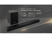 Charger l&#39;image dans la galerie, Barre de son et caisson de basses noirs avec icônes de connectivité. Fond blanc avec dégradé sombre.
