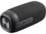 Haut-parleur noir et cylindrique avec boutons de commande et le logo PEAQ.