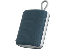 Enceinte portable bleue et blanche avec une boucle de transport sur fond noir.