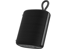 Haut-parleur rectangulaire noir avec une poignée, sur fond noir. Le haut-parleur a un design en mesh.