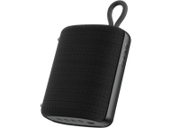 Haut-parleur rectangulaire noir avec une poignée, sur fond noir. Le haut-parleur a un design en mesh.