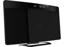 Charger l&#39;image dans la galerie, Système audio noir avec un écran affichant l&#39;heure. Comprend une grille en maille et une base.
