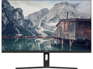 Écran d'ordinateur affichant un paysage avec des montagnes, un lac et une maison en bois sur pilotis.