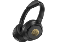 Casque noir avec logo doré, sur fond noir, vue en angle.