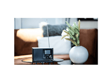 Charger l&#39;image dans la galerie, Une radio noire avec un petit écran sur une table en verre. Un vase avec des fleurs à côté.
