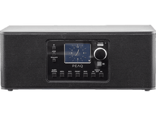 Charger l&#39;image dans la galerie, Radio PEAQ noire avec un écran affichant l&#39;heure et les boutons de commande. Le maillage est noir.
