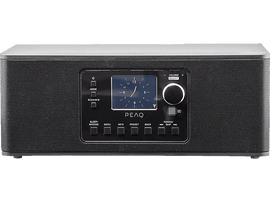 Radio PEAQ noire avec un écran affichant l