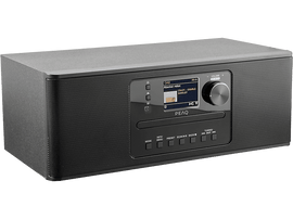 Radio numérique noire avec un écran et des boutons. Le logo PEAQ est visible.