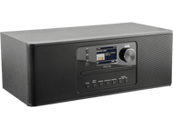 Radio numérique noire avec un écran et des boutons. Le logo PEAQ est visible.