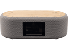 Charger l&#39;image dans la galerie, Un haut-parleur cylindrique avec un dessus en bois, des boutons de contrôle et un écran.
