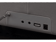Charger l&#39;image dans la galerie, Panneau arrière d&#39;un haut-parleur gris avec ports AUX IN, LINE OUT, USB et DC IN.
