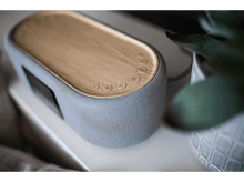 Charger l&#39;image dans la galerie, Un haut-parleur gris et en bois avec des boutons sur le dessus, à côté d&#39;une plante.
