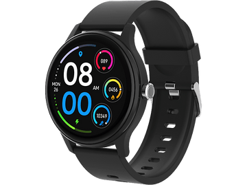 Montre connectée noire avec cadran rond affichant l'heure, la date et les données de santé, avec un bracelet noir.