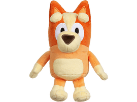 Chien en peluche orange et jaune avec le ventre blanc.