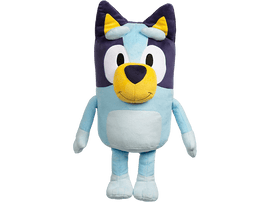 Peluche Bluey. Chien bleu avec de grands yeux et un nez jaune, debout.