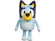 Peluche Bluey. Chien bleu avec de grands yeux et un nez jaune, debout.