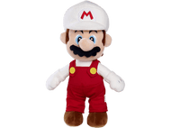 Peluche Fire Mario portant un chapeau blanc avec un 'M'. Salopette rouge et moustache complètent le look.