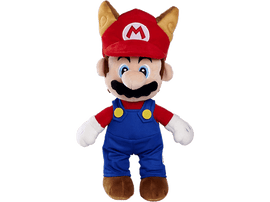 Peluche Mario avec chapeau rouge à oreilles, chemise rouge, salopette bleue et chaussures marron.