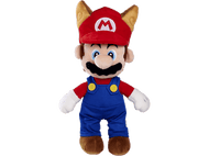 Peluche Mario avec chapeau rouge à oreilles, chemise rouge, salopette bleue et chaussures marron.