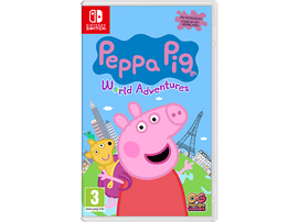 Couverture du jeu Nintendo Switch de Peppa Pig. Peppa Pig tient un jouet et une carte du monde en arrière-plan.