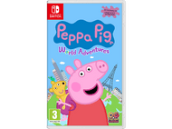 Couverture du jeu Nintendo Switch de Peppa Pig. Peppa Pig tient un jouet et une carte du monde en arrière-plan.