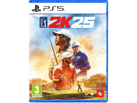 Boîte de jeu PGA Tour 2K25. Comprend des golfeurs et un parcours de golf en arrière-plan. Boîte bleue avec le titre du jeu.