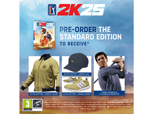 Charger l&#39;image dans la galerie, Boîte de jeu PGA Tour 2K25 et articles promotionnels. Veste, chapeau, chaussures et personnage jouable montrés.
