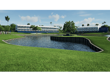 Charger l&#39;image dans la galerie, Terrain de golf avec obstacle d&#39;eau, spectateurs et bâtiments.
