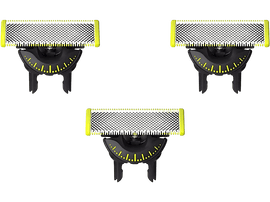 Trois têtes de rasoir noires et jaunes sur fond noir.