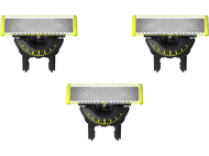 Trois têtes de rasoir noires et jaunes sur fond noir.