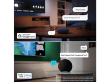 Charger l'image dans la galerie, Enceintes intelligentes : Google et Alexa. Bulles de dialogue montrent les interactions avec les assistants vocaux.
