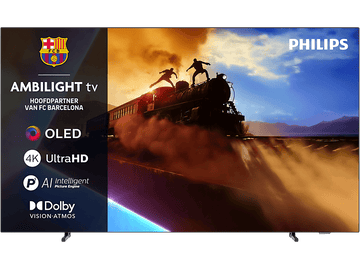 Un écran de télévision affichant une scène de train avec des personnes au-dessus, avec le logo Philips et Ambilight visible.