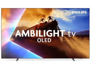 Un écran de télévision affichant une scène de train avec des personnes au-dessus, avec le logo Philips et Ambilight visible.