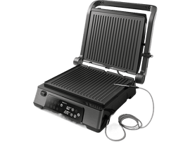 Gril Philips noir avec couvercle ouvert et affichage numérique de température.