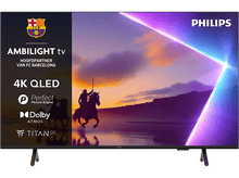 Charger l&#39;image dans la galerie, Grand téléviseur Philips, logo FC Barcelone, silhouette de cavaliers, cadre noir, pieds noirs.
