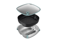 Vue éclatée d'un récipient alimentaire carré. Il a un couvercle, un panier noir et un récipient argenté.