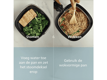 Charger l&#39;image dans la galerie, L&#39;image montre la cuisson à la vapeur et au wok. Le saumon et le brocoli cuisent à la vapeur. Les nouilles sont sautées au wok avec des légumes. Des instructions sont également affichées.

