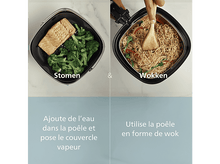Charger l&#39;image dans la galerie, L&#39;image montre deux méthodes de cuisson : la cuisson à la vapeur du saumon et du brocoli, et les nouilles wok avec des légumes. Instructions incluses.

